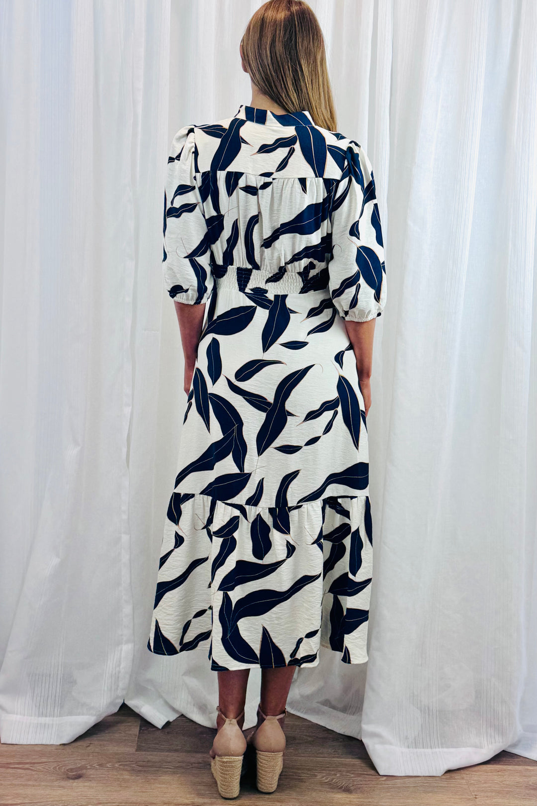 Ivy Dress in Navy and Off White  Multi Print