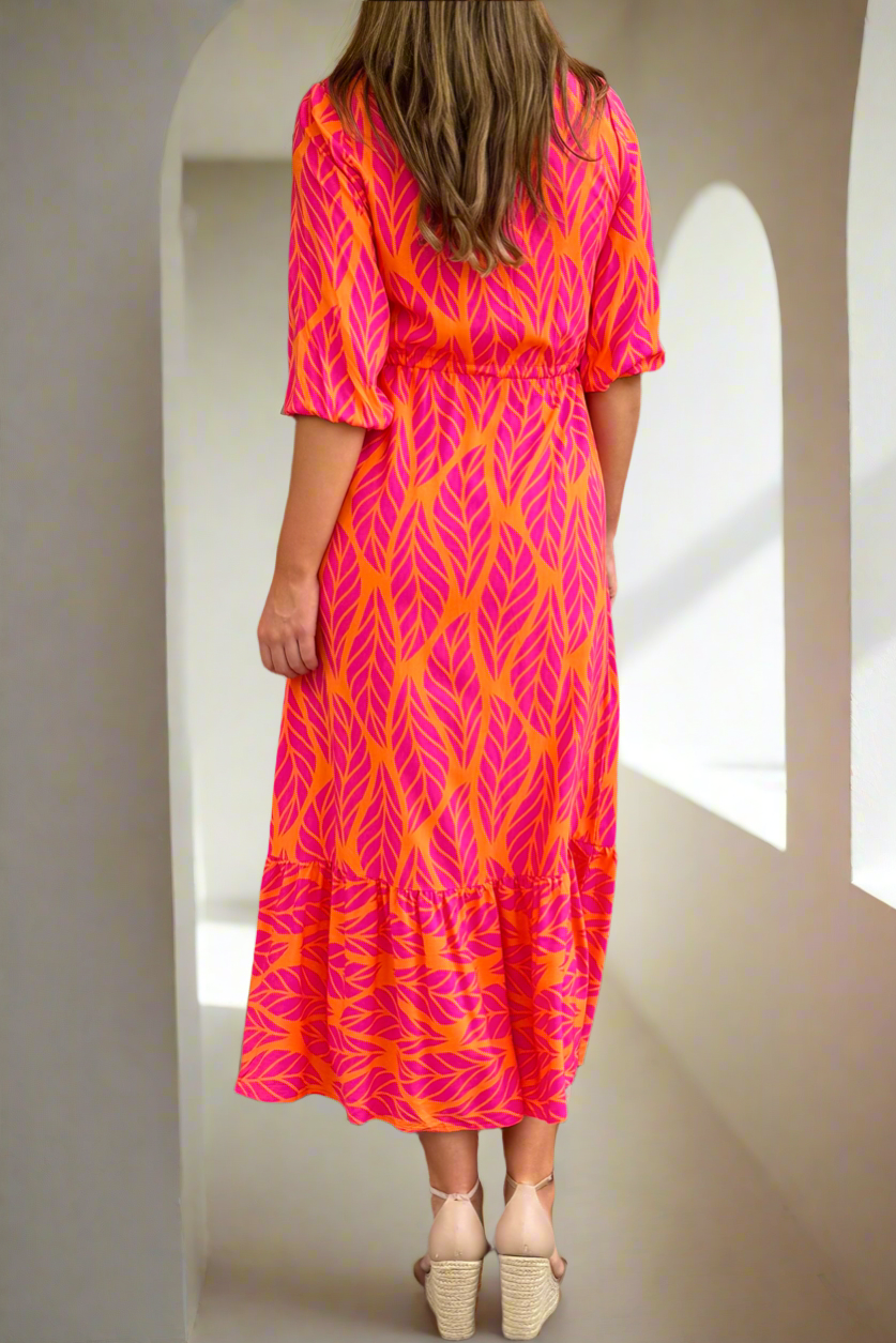 Beth Orange and Pink Multi Print Midi Dress