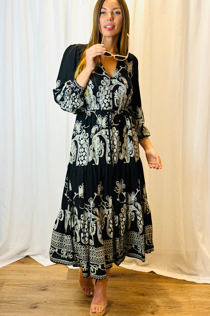 Davina Midi Dress in Black and White Print
