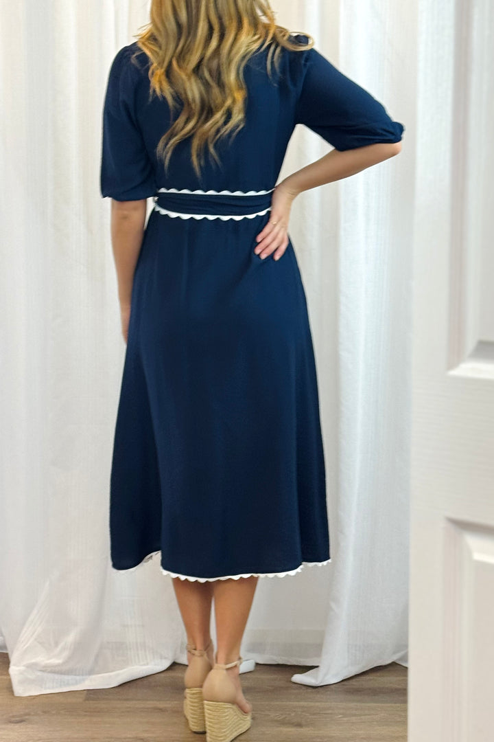 Shyla Dress in Navy with White Trimming