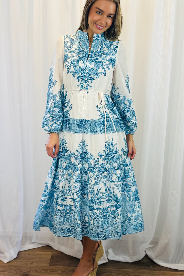 Sabrina Off White and Blue Print Midi Dress