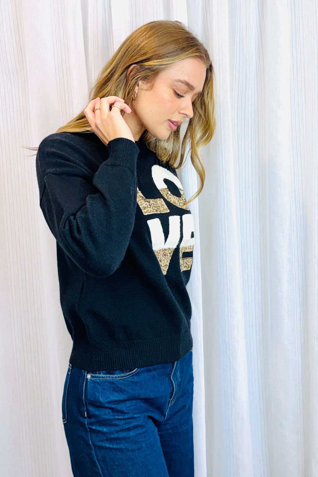 Nelly Love Sequin Detail Knit Top in Black