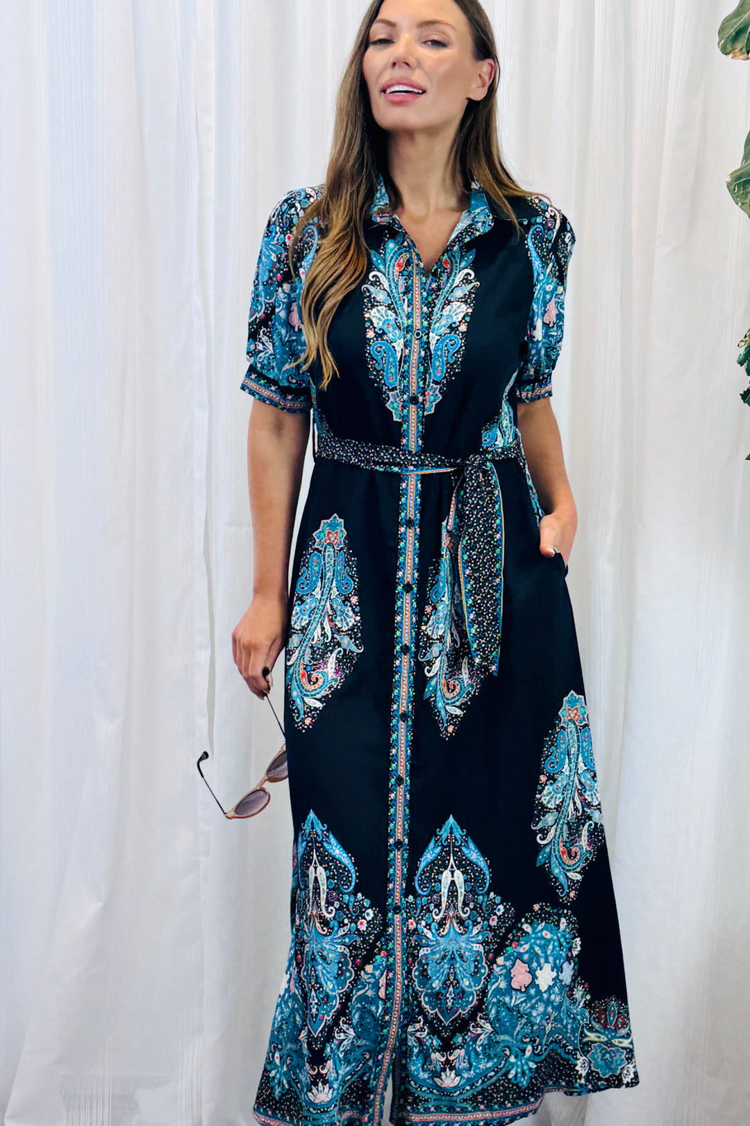Gidget Shirt Dress in Black and Blue Print