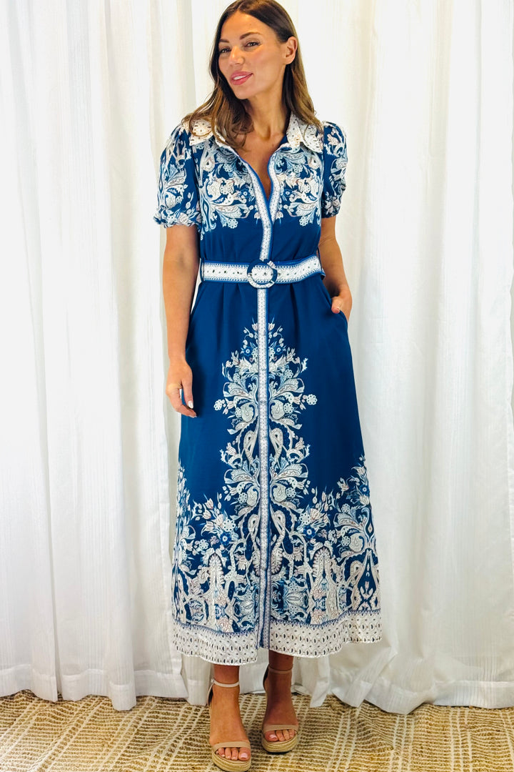 Lopez Embroidered Print Shirt Dress  In Navy