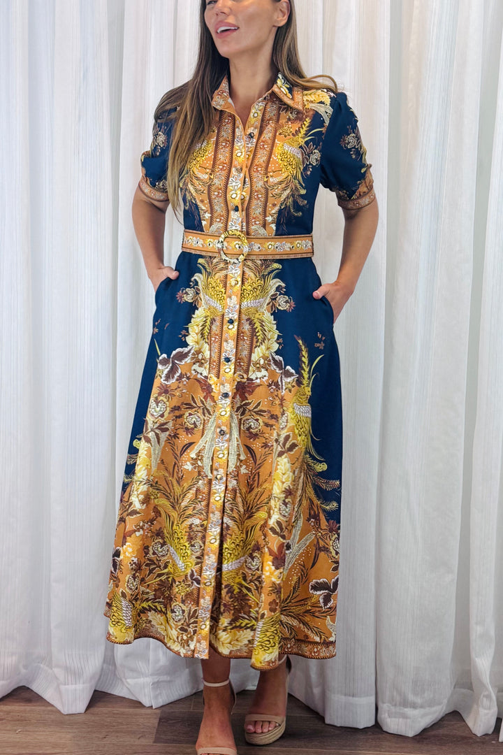 Marilyn Embroidered Print Maxi Dress in Navy.