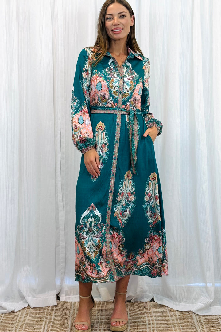 Gidget Dress  in Green Long Sleeve Print