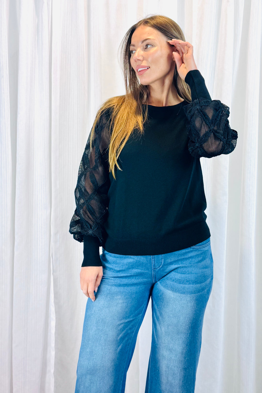 Milani Lace Knit Top in Black