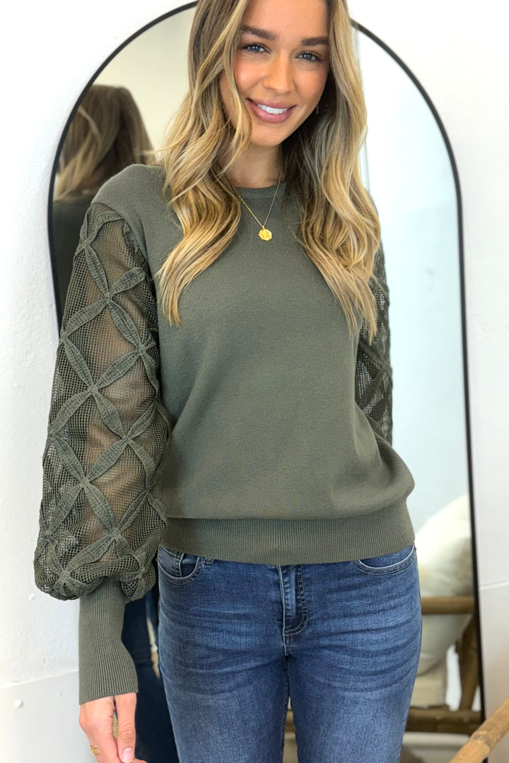 Milani Lace Sleeve Detail Top in Khaki