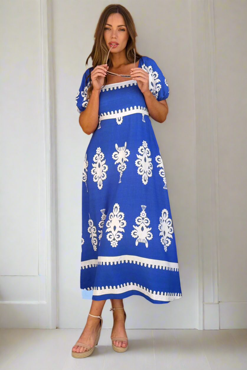 Bonnie Maxi Dress in Blue With White Print