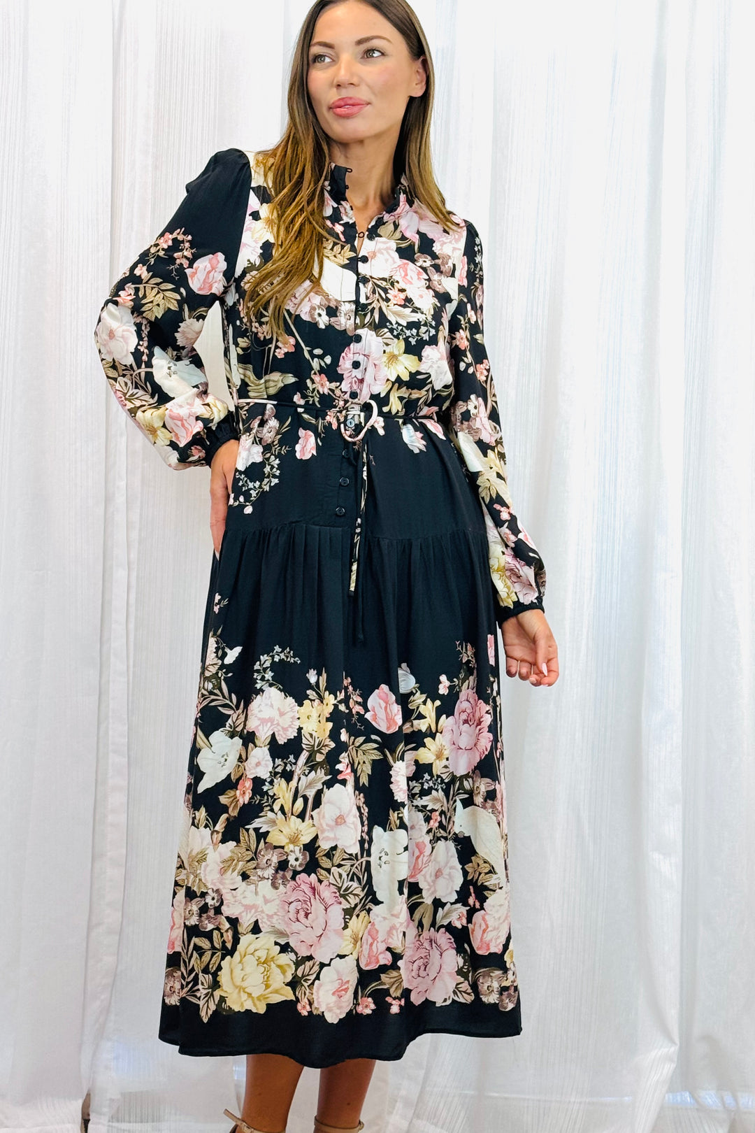 Juliet Floral Multi Print Dress in Black