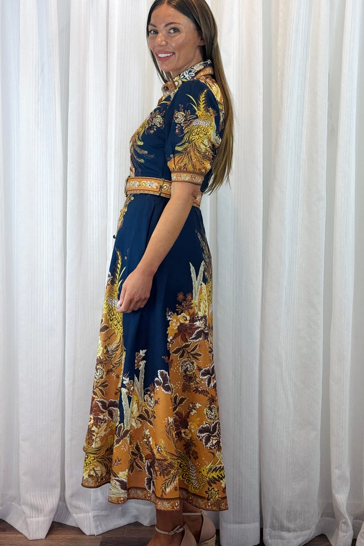 Marilyn Embroidered Print Maxi Dress in Navy.