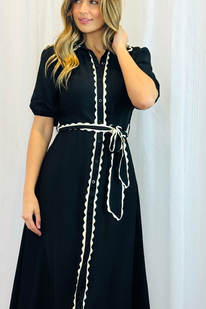 Shyla Shirt Dress in Black With White Trim