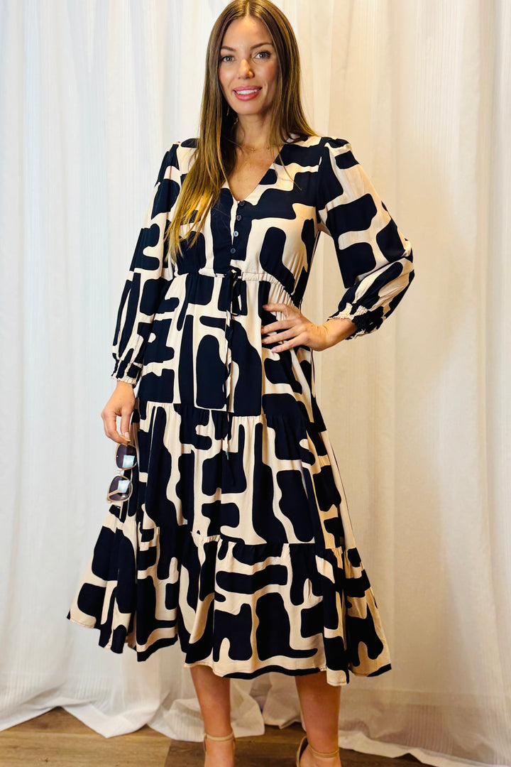 Santorini in Nude and Navy Long Sleeve Dress