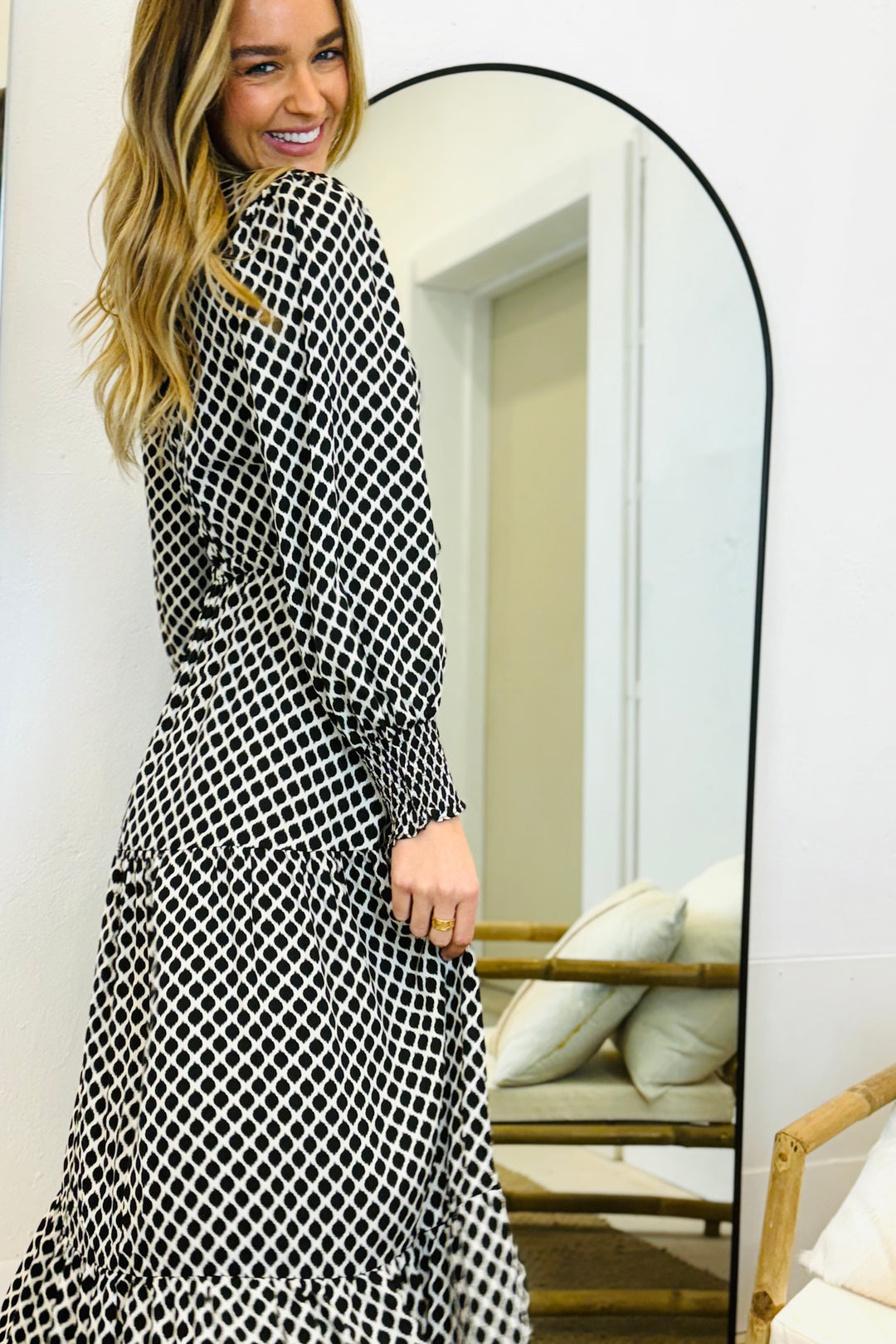 Charli Drawstring Midi Dress in Black and White Print