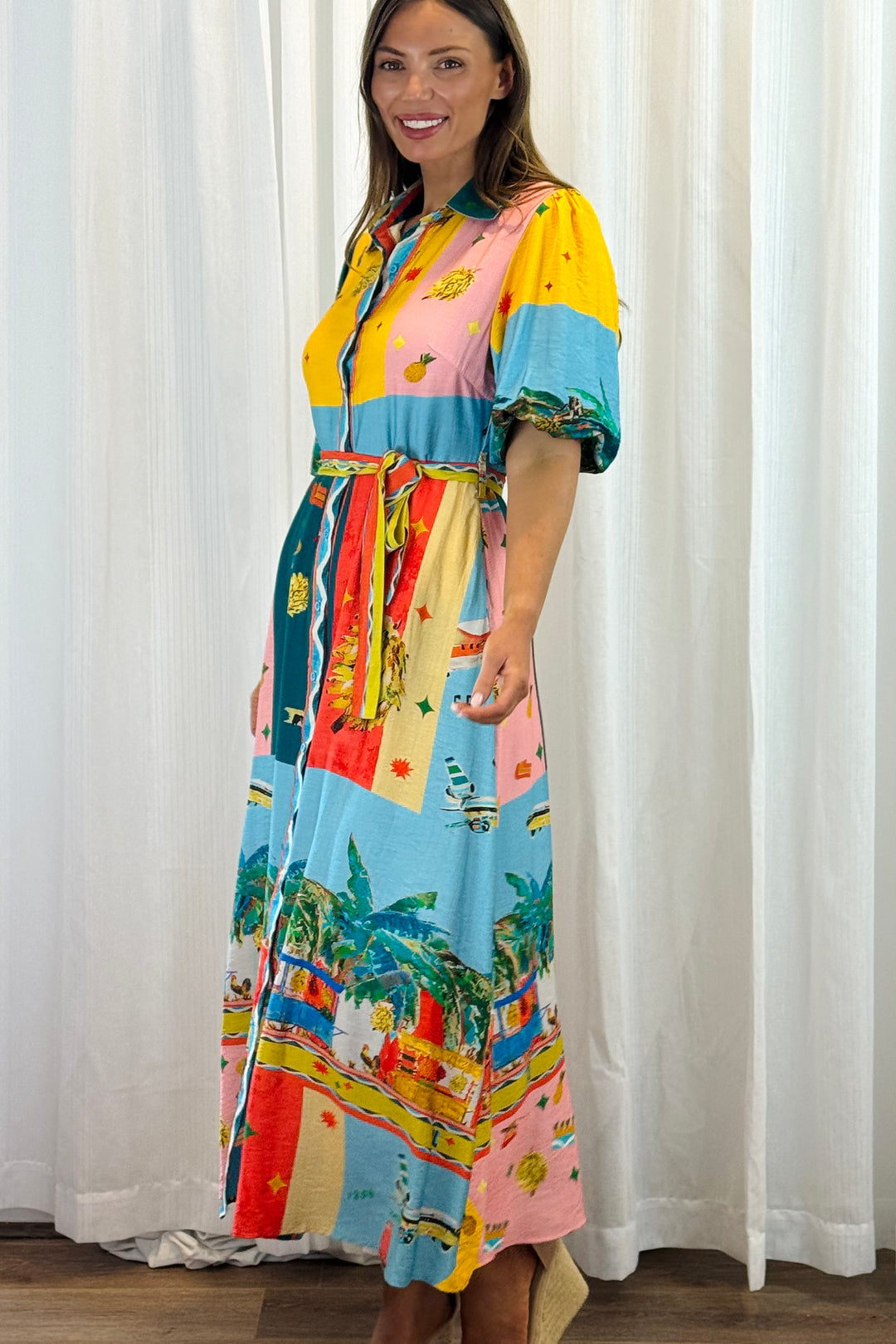 Marcella 3/4 sleeve in Multi Colour Print Dress