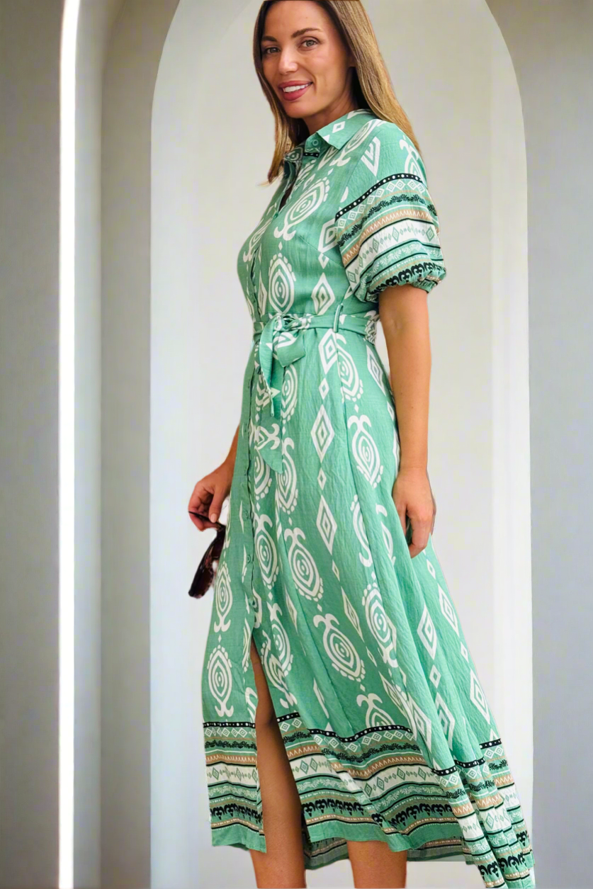 Erica Shirt Dress in Green  Batik Print