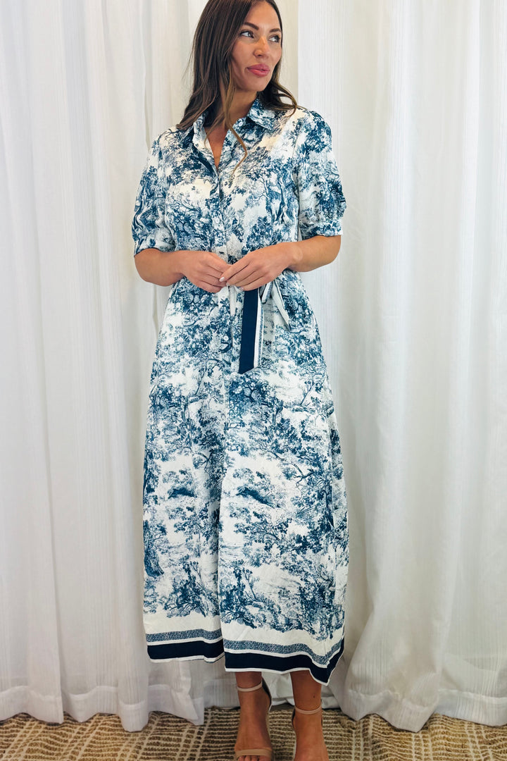 April Blue and Off White Multi Print Short Sleeve Dress