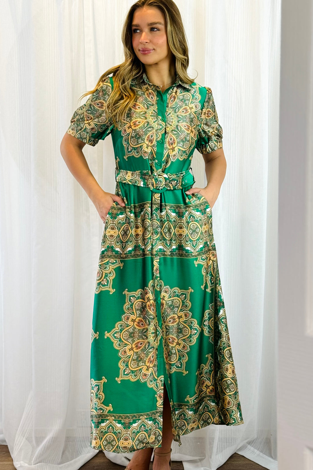 Angelina Embroidered Print Dress in Green