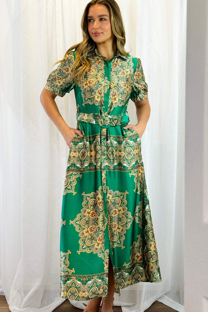 Angelina Embroidered Print Dress in Green
