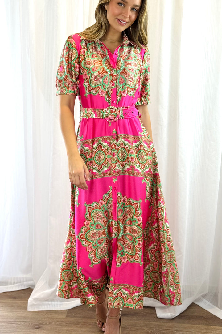 Angelina Hot Pink Embroidered Print Dress