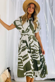 Majella Midi Dress in khaki and white Print with Belt