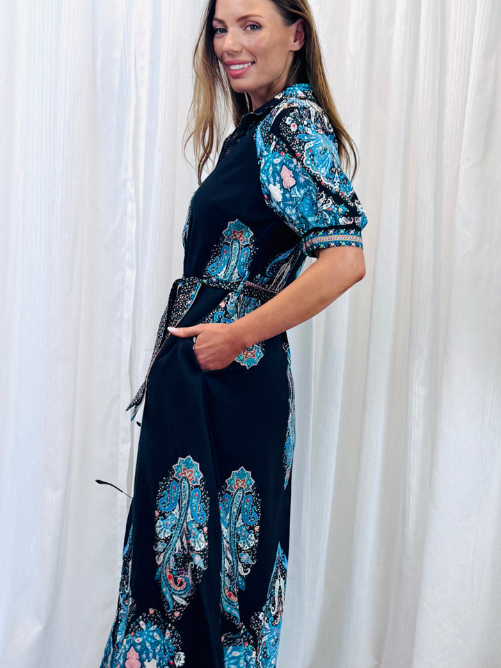 Gidget Shirt Dress in Black and Blue Print