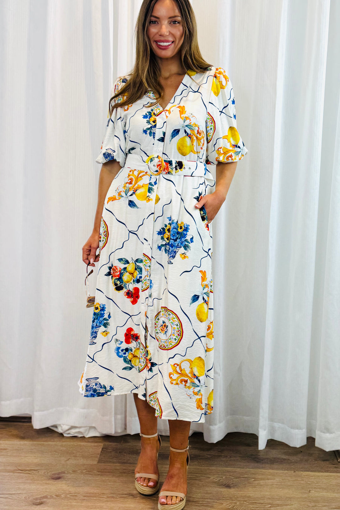 Giulia Shirt Dress in Off White Multi Lemon Print