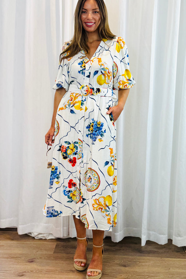 Giulia Shirt Dress in Off White Multi Lemon Print