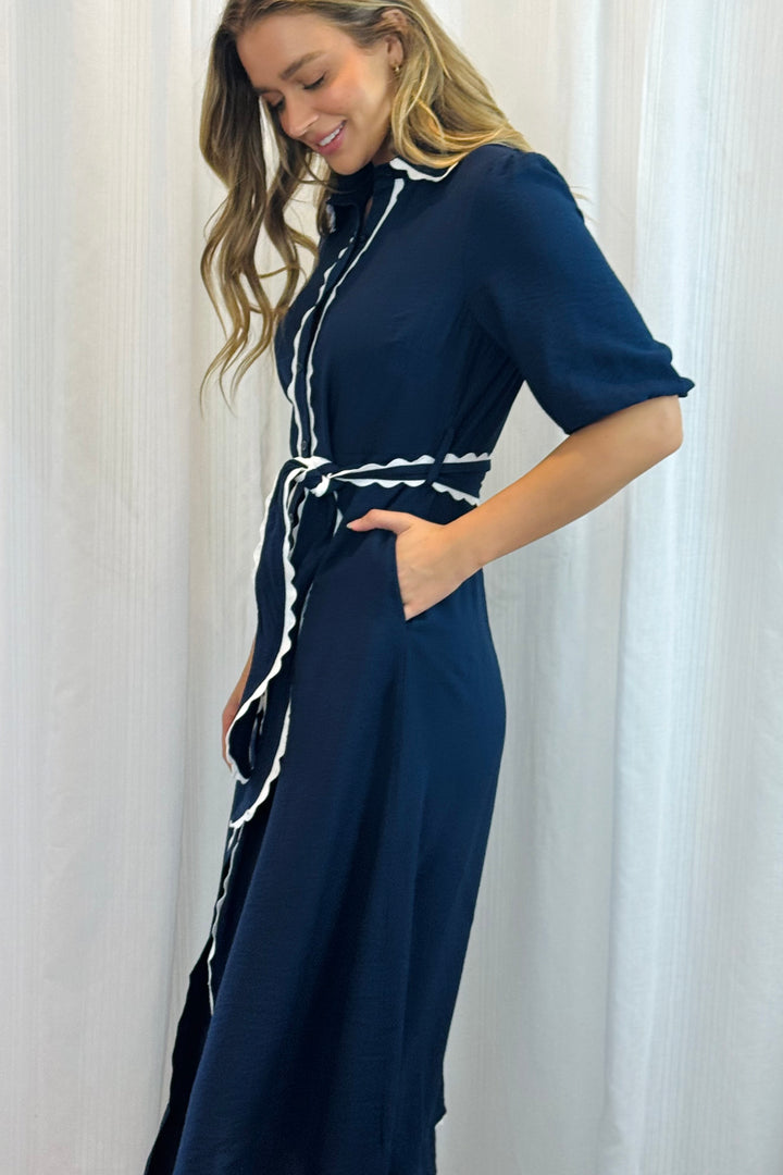 Shyla Dress in Navy with White Trimming