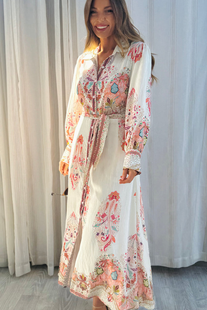 Gidget Embroidered Print Dress in Off White