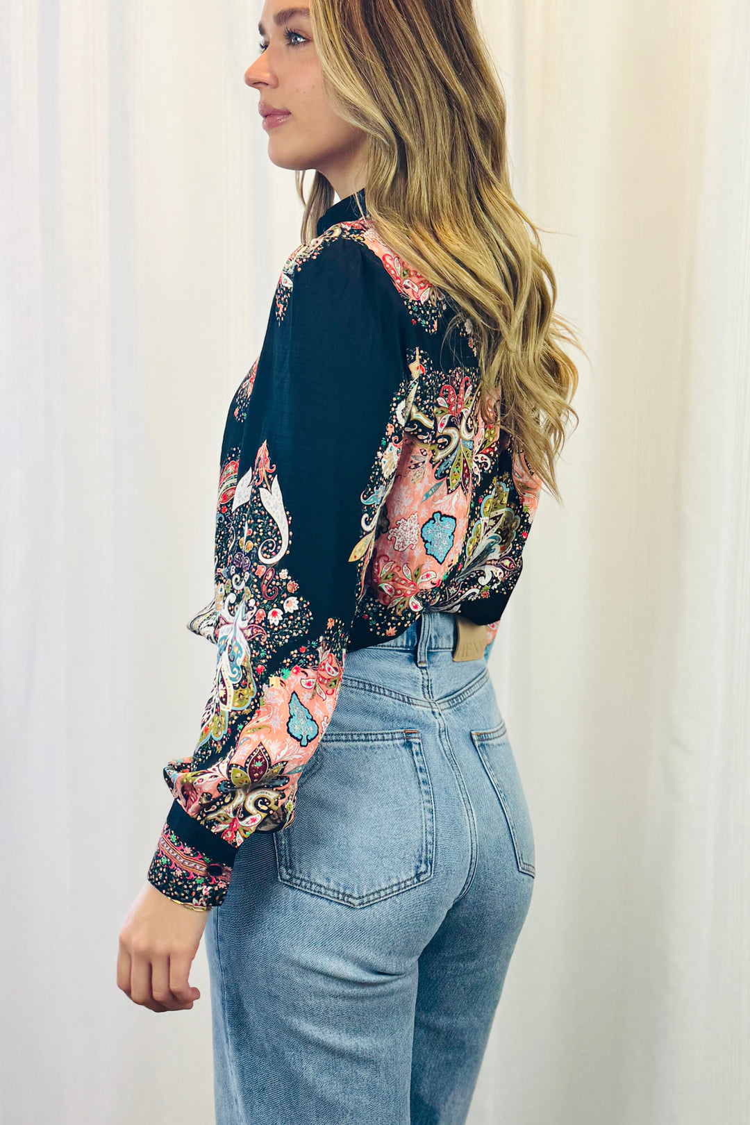 Gidget Embroidered Multi Print Shirt In Black