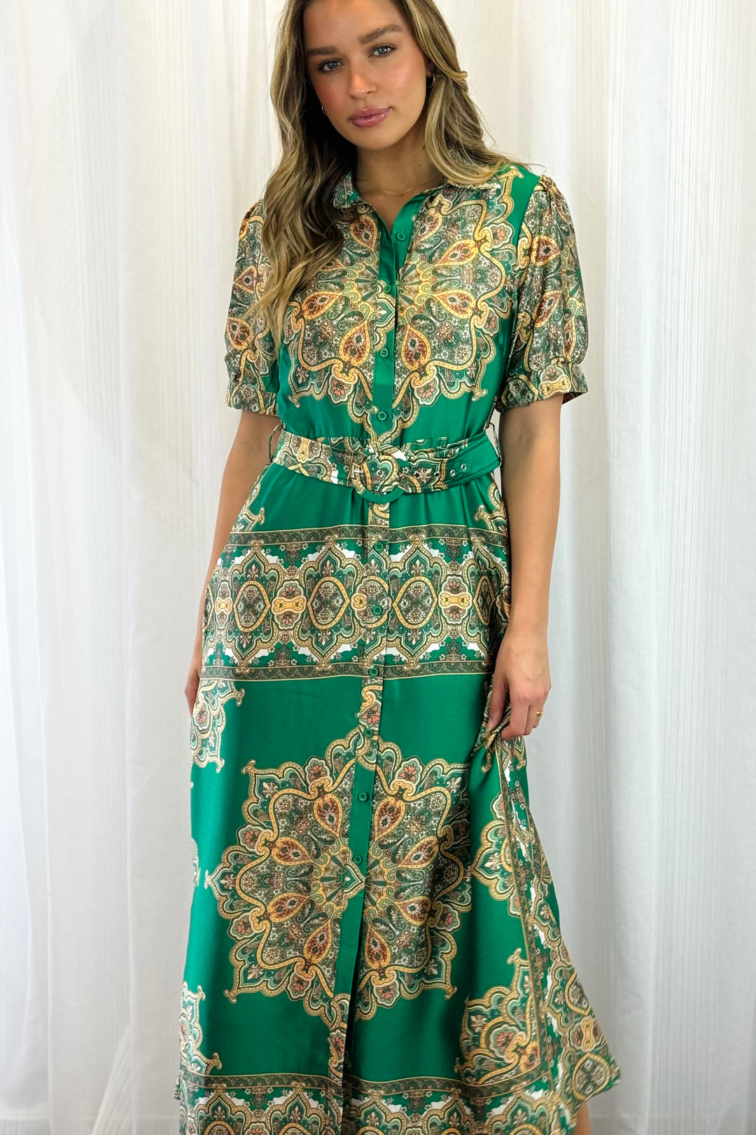 Angelina Embroidered Print Dress in Green