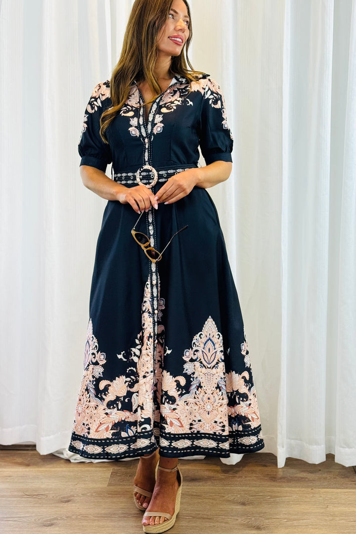 Georgia Black Maxi Dress With Embroidered Print
