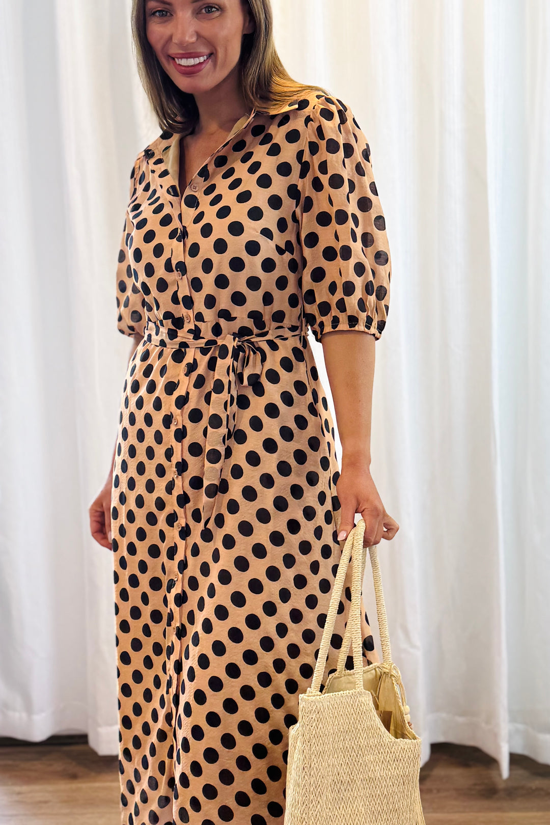 Fallon Polka Dot Shirt Dress in Tan