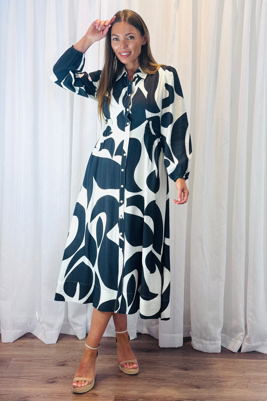 Tonia Shirt Dress in Black and Off White Multi Print
