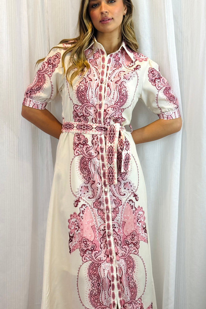Eden Off White Dress With Pink Embroidered Print