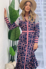 Ivy Chain MIDI Dress in Navy and Pink Print