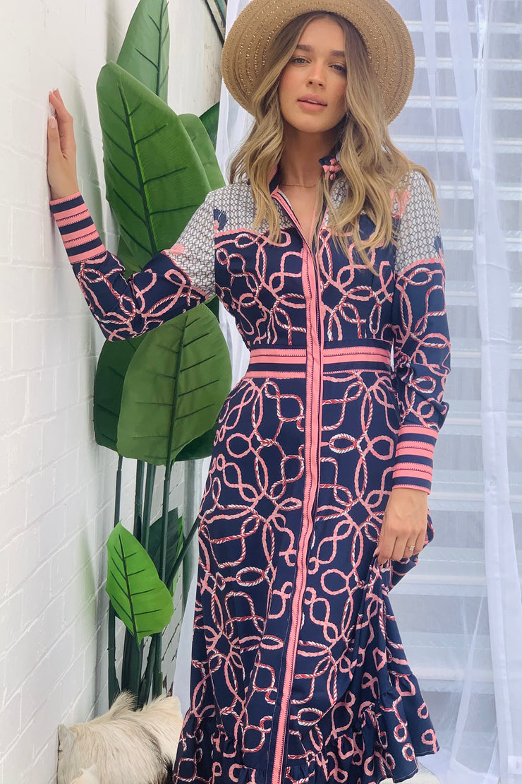 Ivy Chain MIDI Dress in Navy and Pink Print