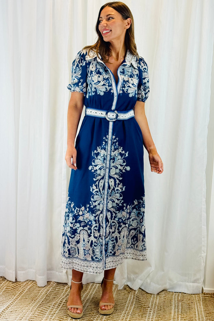 Lopez Embroidered Print Shirt Dress  In Navy