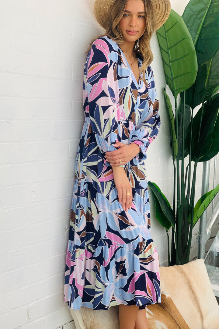 Willow Long Sleeve Maxi Dress in Blue Tone Print