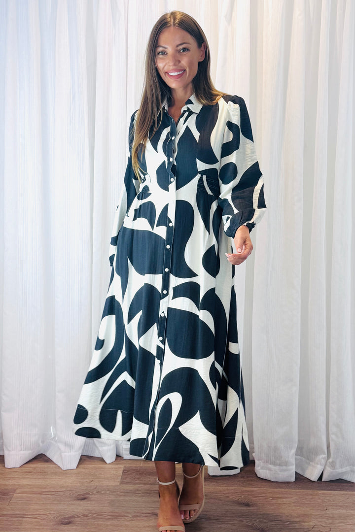 Tonia Shirt Dress in Black and Off White Multi Print