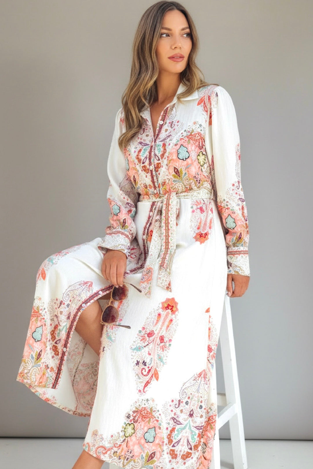 Gidget Long Sleeve Embroidered Print Dress in Off White