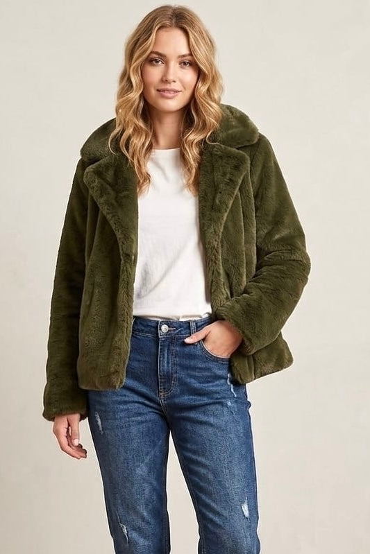 Kayla Faux Fur Jacket in Olive