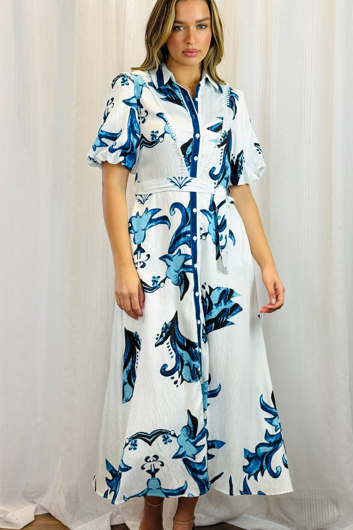 Morgan White And Blue Floral Print Shirt Dress
