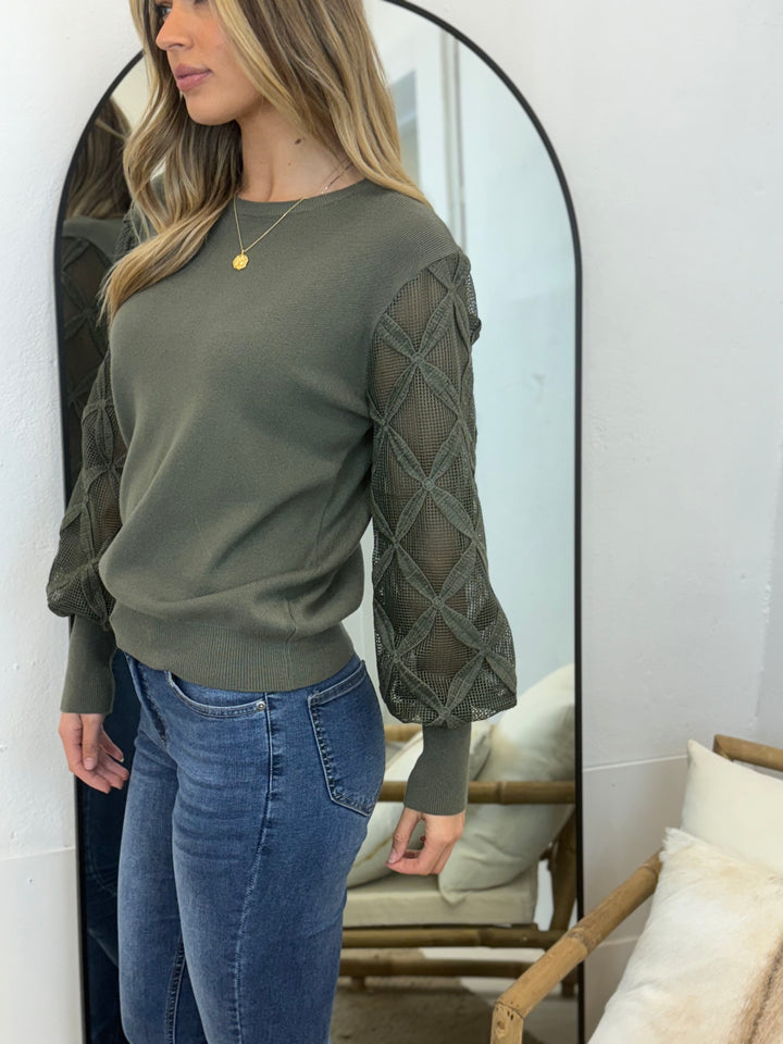 Milani Lace Sleeve Detail Top in Khaki