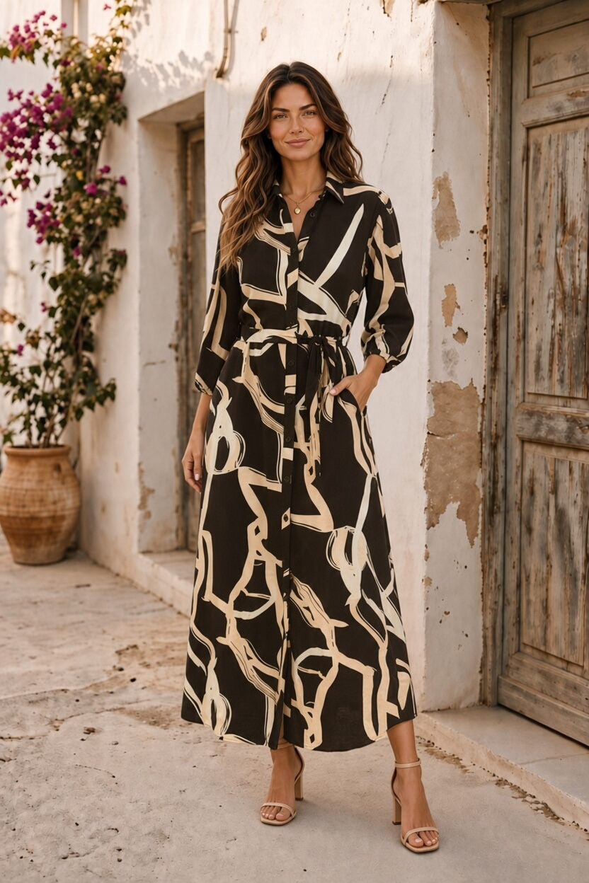 Marlow Midi Shirt Dress in Black and Cream Print