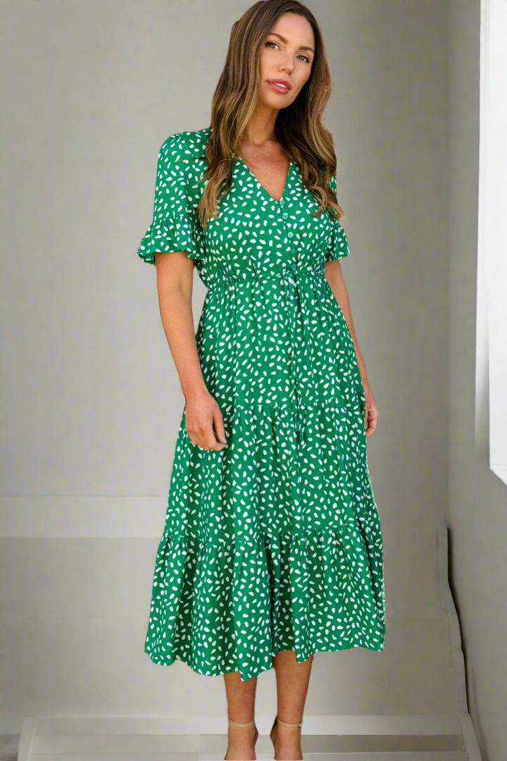 Jeannie Midi Dress  in Apple Green and White- Restocked