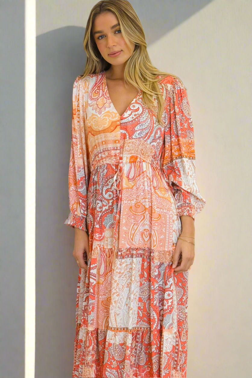 Diana Drawstring Long Sleeve Midi  Dress in Orange Print