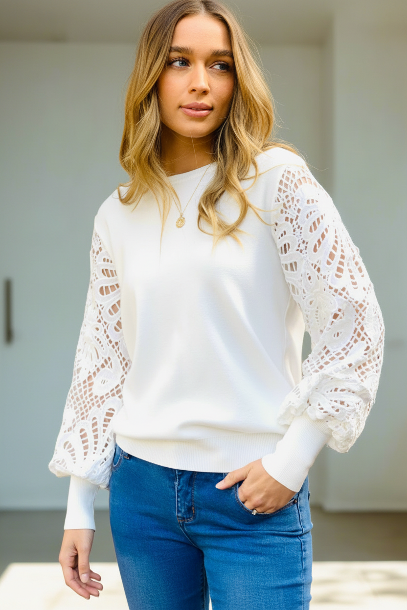 Naomi lace sleeve top in White