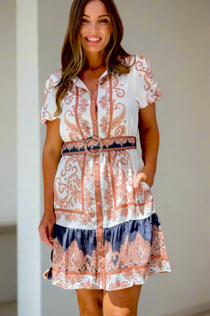 Bonnie Short Sleeve Shirt Dress with Embroidered White and Navy Print